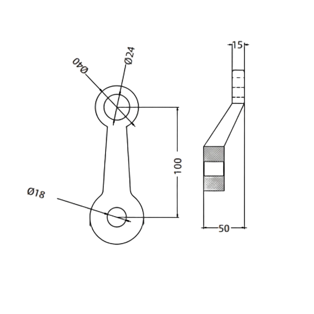 A technical dimension diagram for the ESPIDER 025 B single-arm glass spider fitting. The schematic provides essential architectural measurements, including a 100mm center-to-center distance, 50mm total depth, and hole diameters of 24mm and 18mm. This drawing is designed to assist architects and structural engineers in specifying point-fixed glass hardware for curtain walls and modern building facades.