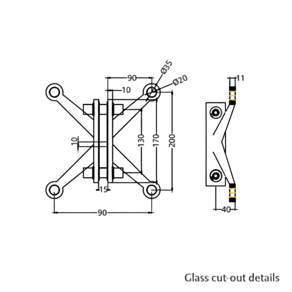A technical dimension diagram for the ESPIDER 027 B four-arm fin-mount glass spider fitting, detailing glass cut-out and architectural specifications. The schematic shows a 200mm vertical span between arm centers, a 170mm base height, and a 90mm horizontal arm reach. It includes precise measurements for a 35mm head diameter, 20mm hole diameter, and a 15mm fin gap, providing essential data for structural glass facade and curtain wall installation.