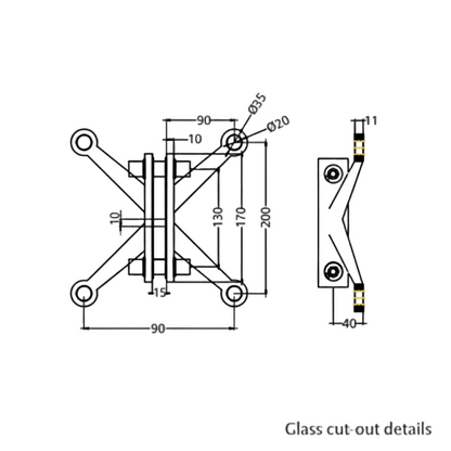 A technical dimension diagram for the ESPIDER 027 B four-arm fin-mount glass spider fitting, detailing glass cut-out and architectural specifications. The schematic shows a 200mm vertical span between arm centers, a 170mm base height, and a 90mm horizontal arm reach. It includes precise measurements for a 35mm head diameter, 20mm hole diameter, and a 15mm fin gap, providing essential data for structural glass facade and curtain wall installation.
