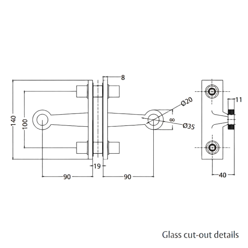 Technical dimensional drawing for ESPIDER 028B two-way glass fin spider fitting showing a 140mm total height, 90mm arm reach from center, and detailed glass cut-out specifications for structural glazing.