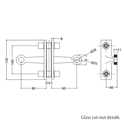 Technical dimensional drawing for ESPIDER 028B two-way glass fin spider fitting showing a 140mm total height, 90mm arm reach from center, and detailed glass cut-out specifications for structural glazing.