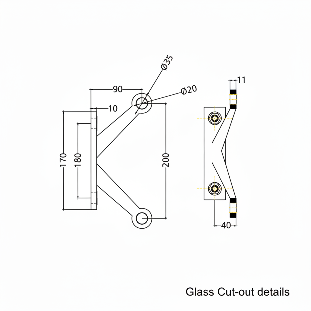 A technical dimension diagram for the ESPIDER 030B fin-mount two-arm V-shape glass spider fitting, detailing architectural glass cut-out requirements. The schematic shows key measurements including a 170mm base height, 180mm mounting distance, and a 200mm vertical span between arm centers. It provides critical installation data such as the 35mm head diameter and 20mm hole diameter for precise point-fixed glass facade assembly.
