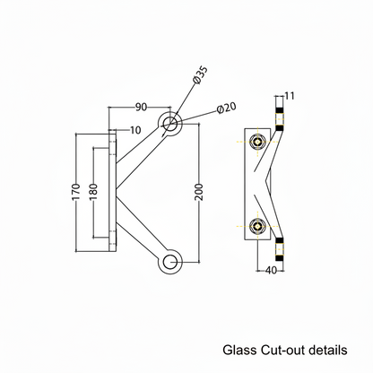 A technical dimension diagram for the ESPIDER 030B fin-mount two-arm V-shape glass spider fitting, detailing architectural glass cut-out requirements. The schematic shows key measurements including a 170mm base height, 180mm mounting distance, and a 200mm vertical span between arm centers. It provides critical installation data such as the 35mm head diameter and 20mm hole diameter for precise point-fixed glass facade assembly.