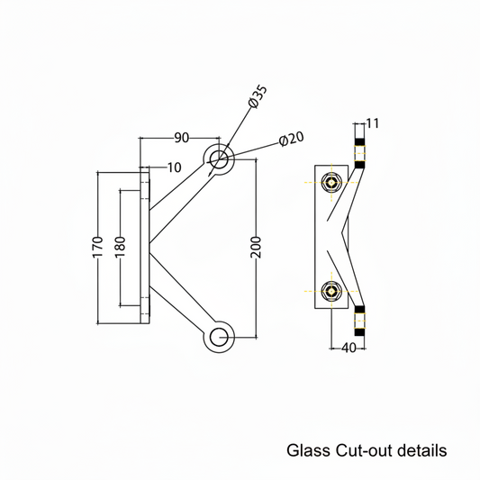 A technical dimension diagram for the ESPIDER 030B fin-mount two-arm V-shape glass spider fitting, detailing architectural glass cut-out requirements. The schematic shows key measurements including a 170mm base height, 180mm mounting distance, and a 200mm vertical span between arm centers. It provides critical installation data such as the 35mm head diameter and 20mm hole diameter for precise point-fixed glass facade assembly.