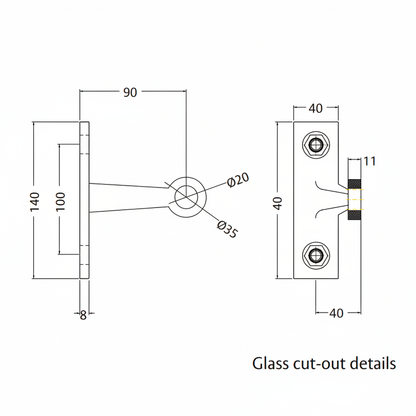 A technical dimension diagram for the ESPIDER 031 B fin-mount single-arm glass spider fitting, detailing glass cut-out specifications. The schematic illustrates key architectural measurements including a 140mm plate height, 90mm arm length, and 100mm center-to-center mounting holes. This drawing provides critical installation data for 20mm and 35mm diameter glass holes, essential for specifying point-fixed glass hardware in modern structural facades and curtain walls.