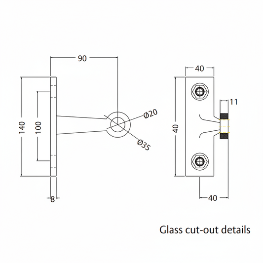 A technical dimension diagram for the ESPIDER 031 B fin-mount single-arm glass spider fitting, detailing glass cut-out specifications. The schematic illustrates key architectural measurements including a 140mm plate height, 90mm arm length, and 100mm center-to-center mounting holes. This drawing provides critical installation data for 20mm and 35mm diameter glass holes, essential for specifying point-fixed glass hardware in modern structural facades and curtain walls.