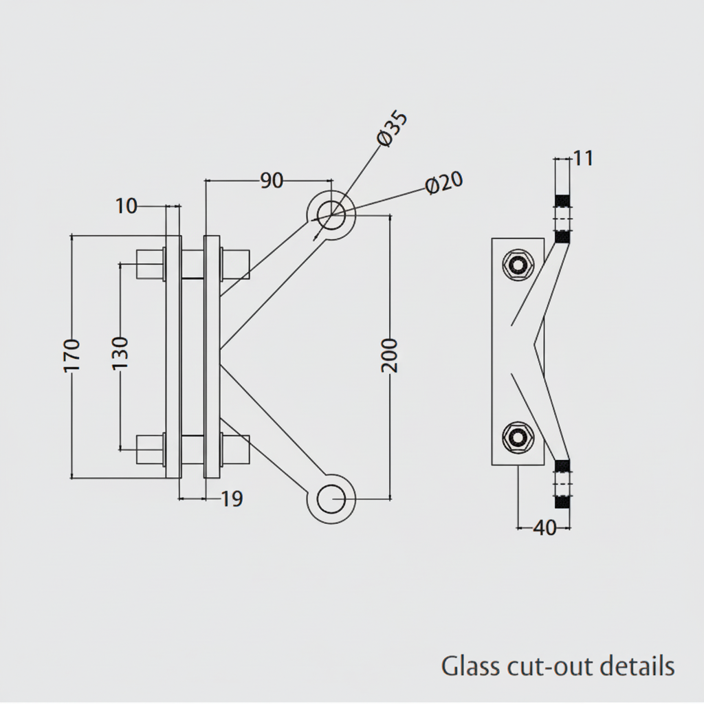 A technical dimension diagram for the ESPIDER 033B fin-mount two-arm V-shape glass spider fitting, detailing architectural specifications for glass cut-outs. The schematic illustrates a 170mm base height, 200mm vertical distance between arm centers, and a 90mm horizontal arm reach. This drawing provides critical installation data, including hole diameters of 20mm and 35mm, as well as a 19mm fin gap for specifying point-fixed glass hardware in modern structural facades.