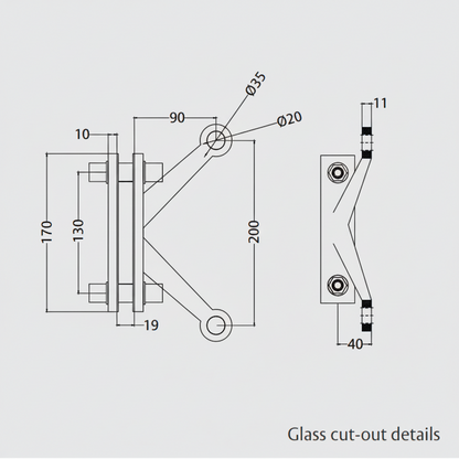 A technical dimension diagram for the ESPIDER 033B fin-mount two-arm V-shape glass spider fitting, detailing architectural specifications for glass cut-outs. The schematic illustrates a 170mm base height, 200mm vertical distance between arm centers, and a 90mm horizontal arm reach. This drawing provides critical installation data, including hole diameters of 20mm and 35mm, as well as a 19mm fin gap for specifying point-fixed glass hardware in modern structural facades.