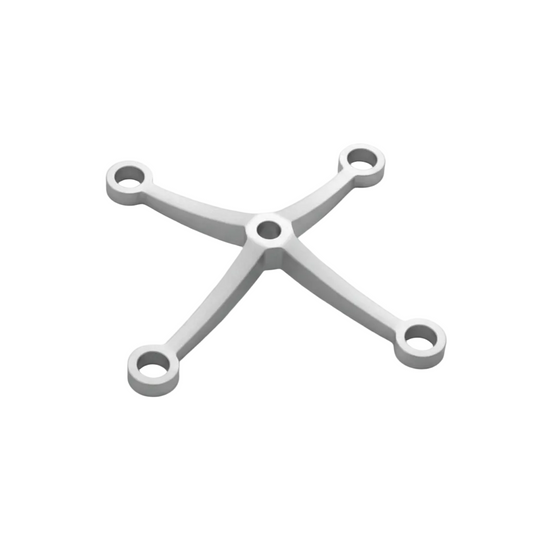 An ESPIDER021 four-arm glass spider fitting in a premium satin stainless steel finish. This heavy-duty architectural hardware is designed for point-fixed glass curtain walls, canopies, and large-scale structural facades, providing a minimalist and secure connection for four intersecting glass panels in modern commercial buildings.