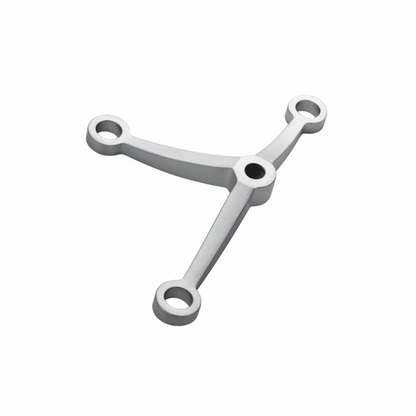 An ESPIDER022A three-arm glass spider fitting in a premium satin stainless steel finish. This architectural hardware is designed for point-fixed glass curtain walls, canopies, and partitions, providing a durable and minimalist solution for connecting multiple glass panels in modern commercial buildings.