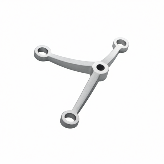 An ESPIDER022A three-arm glass spider fitting in a premium satin stainless steel finish. This architectural hardware is designed for point-fixed glass curtain walls, canopies, and partitions, providing a durable and minimalist solution for connecting multiple glass panels in modern commercial buildings.