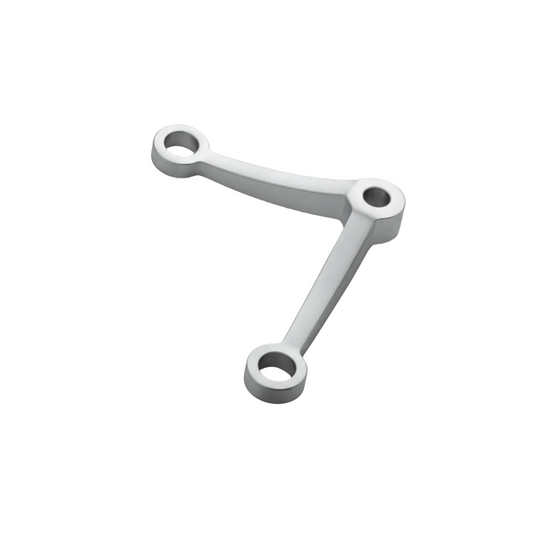 An ESPIDER023A two-arm V-shape glass spider fitting in a premium satin stainless steel finish. This architectural hardware is designed for point-fixed glass systems, including curtain walls, balustrades, and canopies. It provides a sleek, minimalist, and durable connection for glass panels in modern commercial and residential building facades.