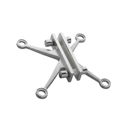 An ESPIDER027A four-arm glass spider fitting designed for fin-mount installations, featuring a premium satin stainless steel finish. This heavy-duty architectural connector includes a central fin clamp with protective nylon gaskets to securely join four glass panels to a structural glass fin. Ideal for large-scale point-fixed curtain walls and modern commercial building facades.