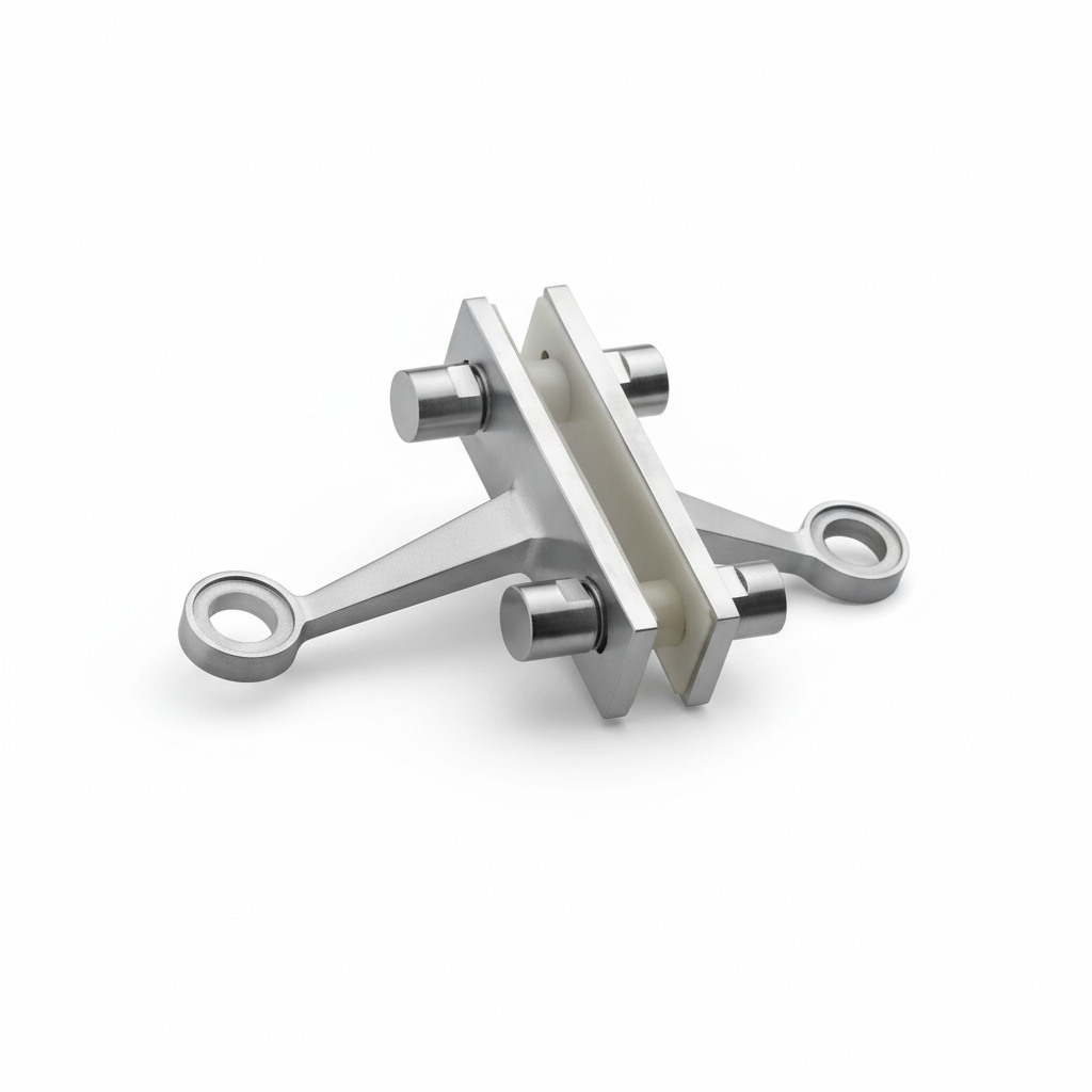 An ESPIDER028A two-arm glass spider fitting designed for fin-mount applications, featuring a premium satin stainless steel finish. This architectural hardware includes a heavy-duty clamp base with nylon gaskets and two secure arms for stabilizing glass panels. Ideal for professional point-fixed glass curtain walls and structural fin systems in modern commercial facades.