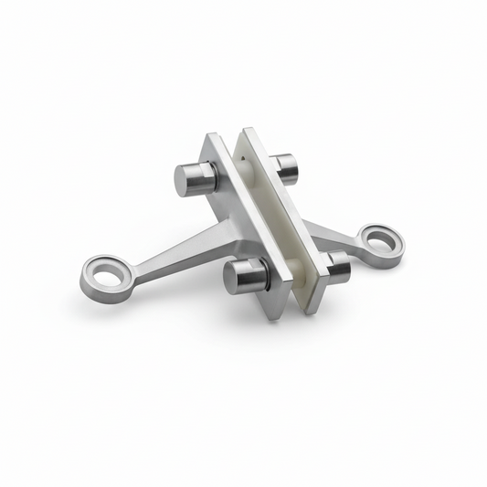 An ESPIDER028A two-arm glass spider fitting designed for fin-mount applications, featuring a premium satin stainless steel finish. This architectural hardware includes a heavy-duty clamp base with nylon gaskets and two secure arms for stabilizing glass panels. Ideal for professional point-fixed glass curtain walls and structural fin systems in modern commercial facades.