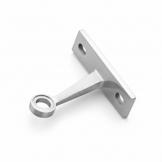 An ESPIDER031A single-arm glass spider fitting with a flat fin-mount base, featuring a high-quality satin stainless steel finish. This architectural hardware is designed for point-fixed glass curtain walls and glass fin stabilization, providing a sleek, minimalist, and secure connection for modern structural glass facades and commercial canopies.