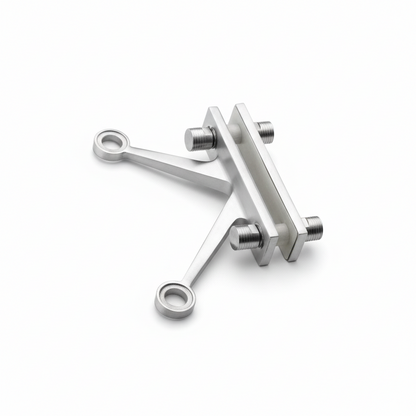 An ESPIDER033A two-arm V-shape glass spider fitting designed for fin-mount installations, featuring a premium satin stainless steel finish. This architectural hardware includes a heavy-duty clamp base with protective gaskets and two secure arms for stabilizing glass panels. Ideal for professional point-fixed glass curtain walls and structural glass fin systems in modern commercial facades.