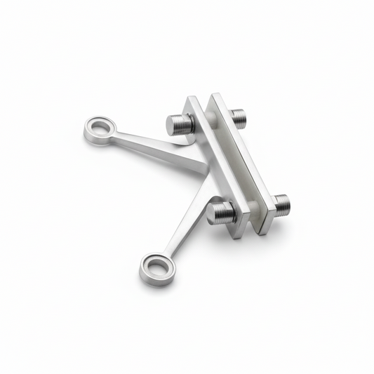 An ESPIDER033A two-arm V-shape glass spider fitting designed for fin-mount installations, featuring a premium satin stainless steel finish. This architectural hardware includes a heavy-duty clamp base with protective gaskets and two secure arms for stabilizing glass panels. Ideal for professional point-fixed glass curtain walls and structural glass fin systems in modern commercial facades.