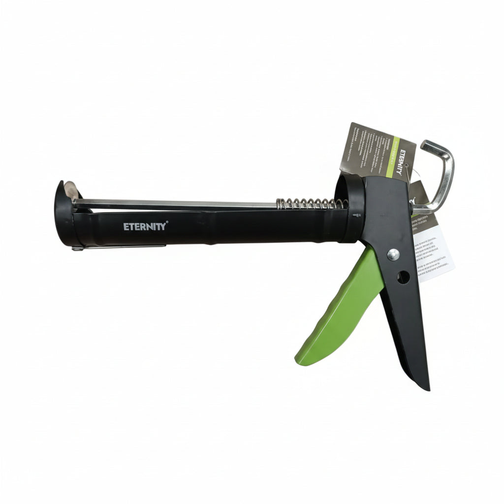 A professional-grade Eternity heavy-duty caulking gun featuring a durable black steel frame and an ergonomic green trigger. This manual silicone sealant applicator is designed for smooth, consistent dispensing of adhesives and sealants in construction and home repair projects. The robust drive mechanism and integrated ladder hook make it ideal for high-precision sealing of windows, doors, and glass partitions.
