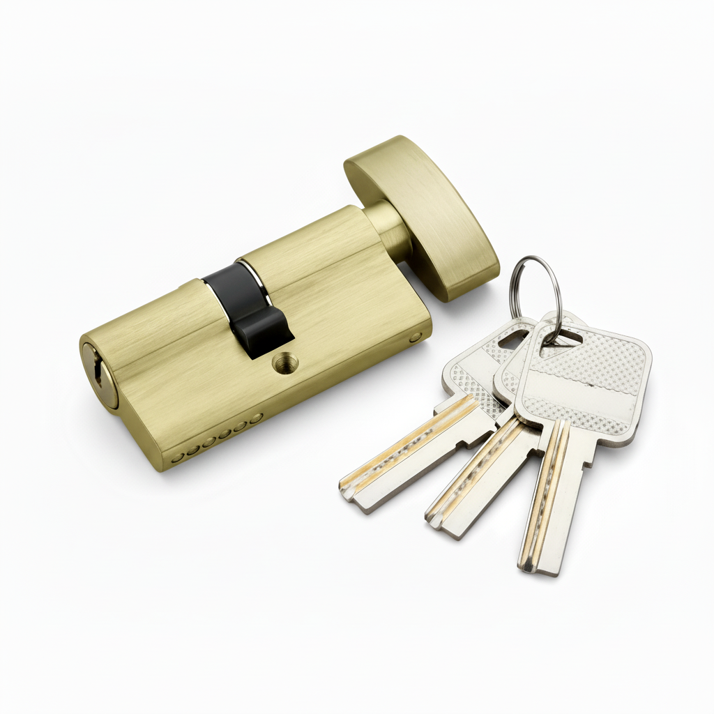 A Euro profile thumbturn cylinder door lock in a premium gold finish, shown with a set of three high-precision dimple keys. The image highlights the ergonomic oval thumbturn for convenient interior locking and the anti-pick security keyway designed for luxury residential and commercial door applications.
