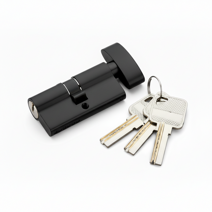 A Euro profile thumbturn cylinder door lock in a premium black finish, shown with a set of three high-precision dimple keys. The image highlights the ergonomic oval thumbturn for easy interior locking and the anti-pick security keyway designed for modern residential and commercial door applications.