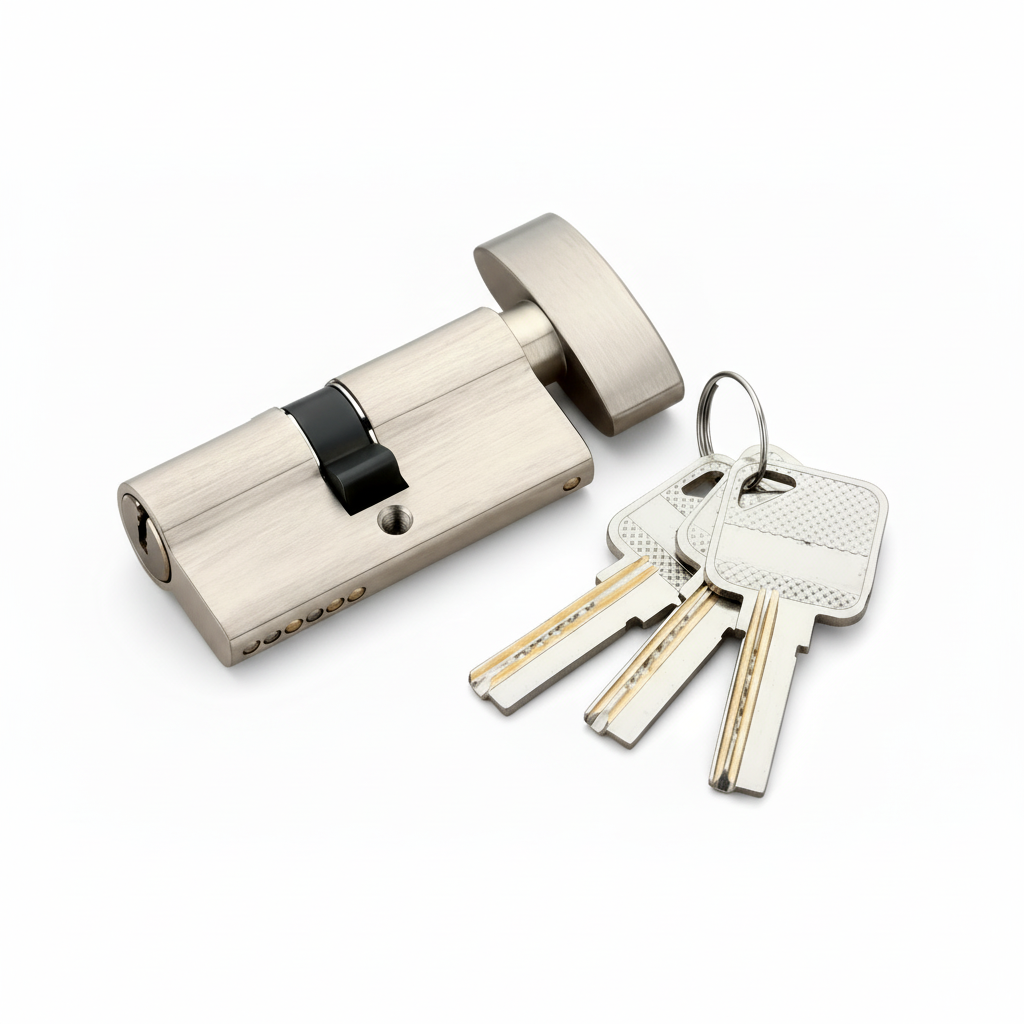 A Euro profile thumbturn cylinder door lock in a premium satin nickel finish, shown with a set of three high-precision dimple keys. The image highlights the ergonomic oval thumbturn for easy interior locking and the anti-pick security keyway designed for residential and commercial door applications.