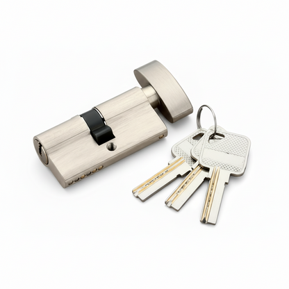 A Euro profile thumbturn cylinder door lock in a premium satin nickel finish, shown with a set of three high-precision dimple keys. The image highlights the ergonomic oval thumbturn for easy interior locking and the anti-pick security keyway designed for residential and commercial door applications.