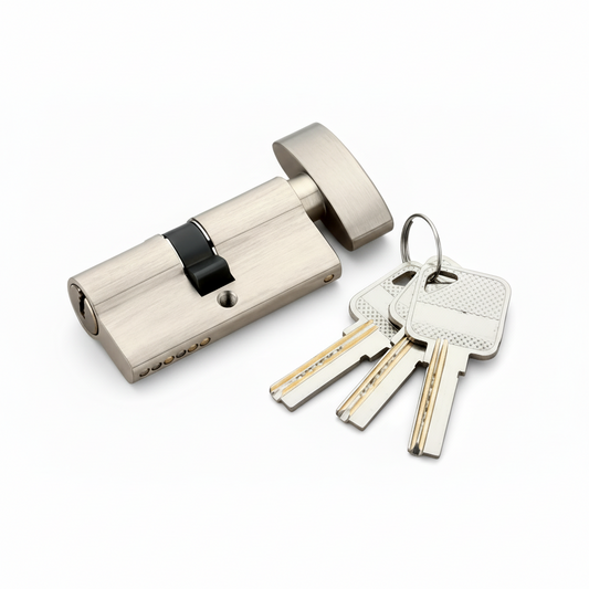 A Euro profile thumbturn cylinder door lock in a premium satin nickel finish, shown with a set of three high-precision dimple keys. The image highlights the ergonomic oval thumbturn for easy interior locking and the anti-pick security keyway designed for residential and commercial door applications.