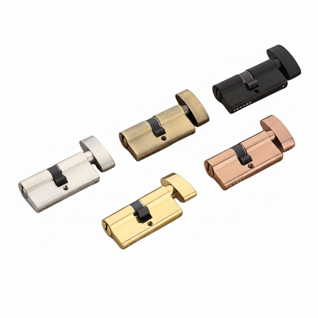 A collection of five Euro profile thumbturn cylinder door locks displayed in various premium finishes: satin nickel, antique brass, black, rose gold, and polished gold. Each cylinder features an ergonomic thumbturn for interior convenience and a high-security keyway, ideal for luxury residential and commercial door hardware specifications.