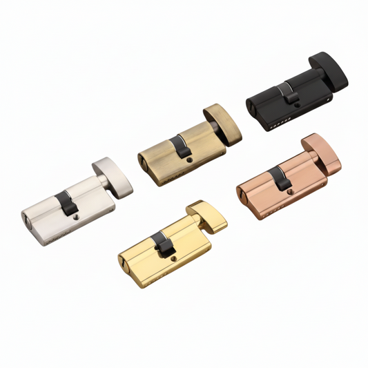 A collection of five Euro profile thumbturn cylinder door locks displayed in various premium finishes: satin nickel, antique brass, black, rose gold, and polished gold. Each cylinder features an ergonomic thumbturn for interior convenience and a high-security keyway, ideal for luxury residential and commercial door hardware specifications.