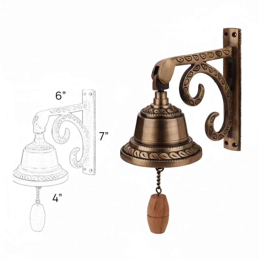 FabF2017 7x6 inch wall-mounted door bell set in antique brass finish featuring a decorative scrollwork bracket, a 4-inch flared bell with teardrop engravings, and a wooden pull handle.