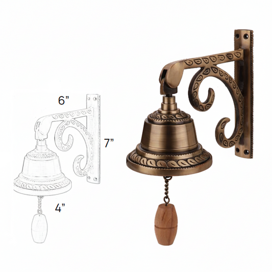 FabF2017 7x6 inch wall-mounted door bell set in antique brass finish featuring a decorative scrollwork bracket, a 4-inch flared bell with teardrop engravings, and a wooden pull handle.
