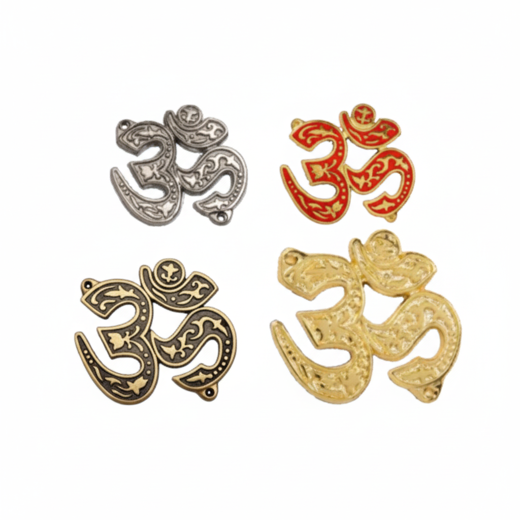 Fab0276 metal Om wall accents featuring intricate floral Nakshi carvings and scrollwork motifs, shown in antique brass, satin, copper, gold and red mina finishes with integrated side-mounting eyelets.