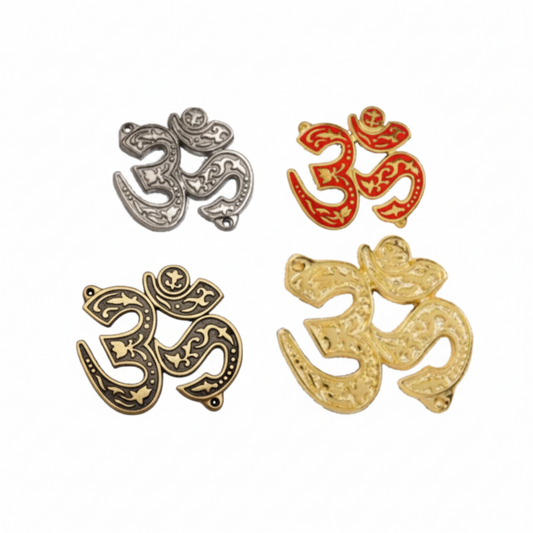 Fab0276 metal Om wall accents featuring intricate floral Nakshi carvings and scrollwork motifs, shown in antique brass, satin, copper, gold and red mina finishes with integrated side-mounting eyelets.