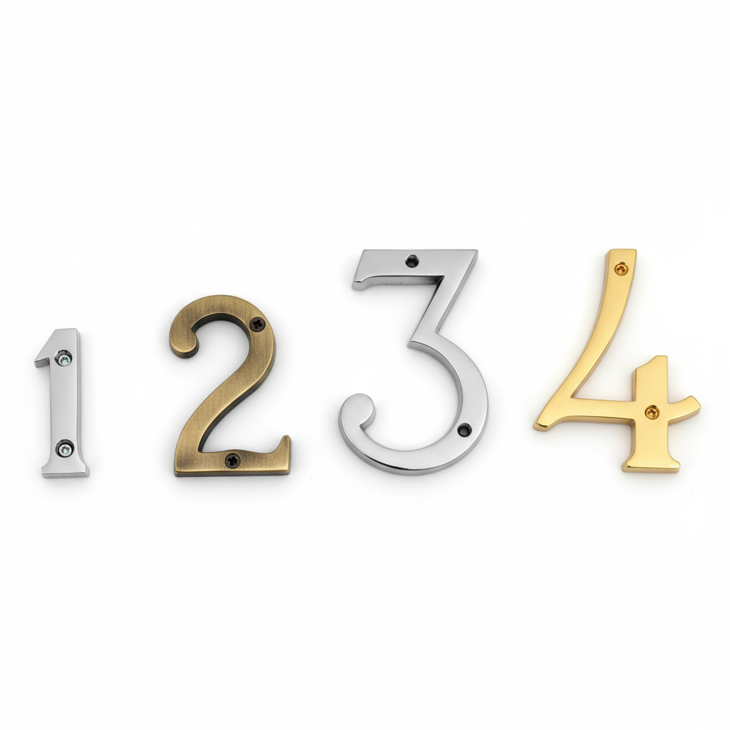Collection of Fab2172 metal house numbers featuring number 1 in chrome, number 2 in antique brass, number 3 in satin and number 4 in gold finishes.