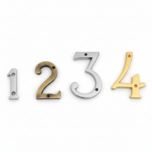 Collection of Fab2172 metal house numbers featuring number 1 in chrome, number 2 in antique brass, number 3 in satin and number 4 in gold finishes.