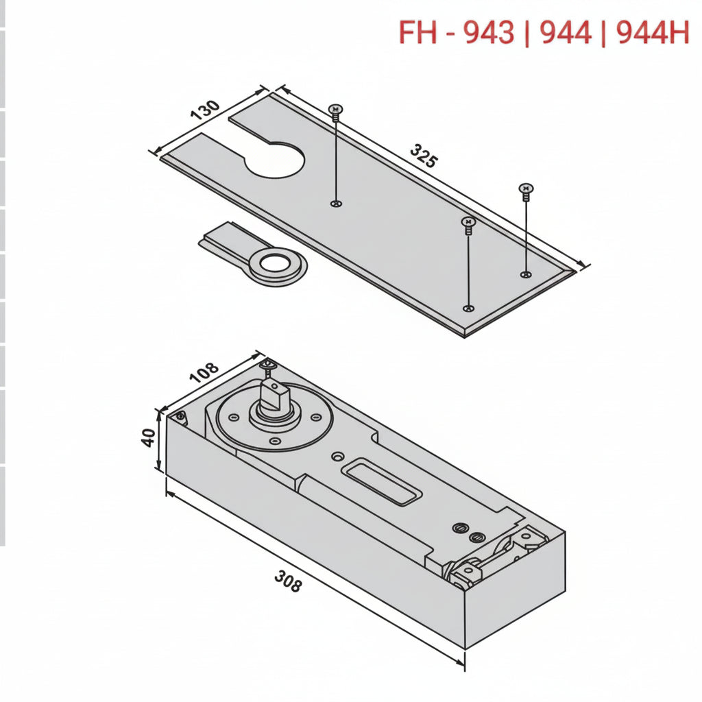 A technical dimension diagram for the FH-943, 944, and 944H heavy-duty hydraulic floor spring series. The schematic details the architectural measurements of the closer body—308mm length, 108mm width, and 40mm depth—alongside a corresponding stainless steel cover plate measuring 325mm by 130mm. This structural drawing provides essential specification data for recessed floor-mounted door closers used in high-traffic glass and timber door installations.