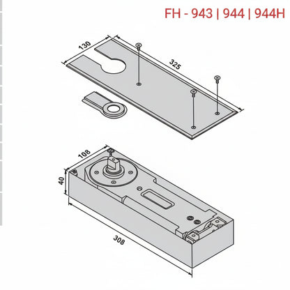 A technical dimension diagram for the FH-943, 944, and 944H heavy-duty hydraulic floor spring series. The schematic details the architectural measurements of the closer body—308mm length, 108mm width, and 40mm depth—alongside a corresponding stainless steel cover plate measuring 325mm by 130mm. This structural drawing provides essential specification data for recessed floor-mounted door closers used in high-traffic glass and timber door installations.