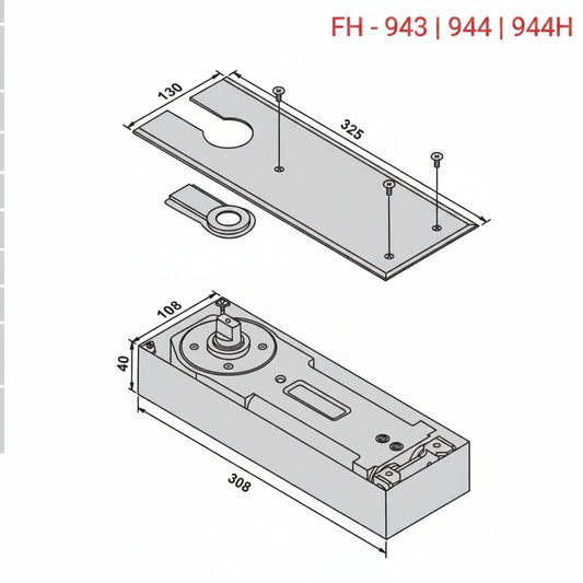 A technical dimension diagram for the FH-943, 944, and 944H heavy-duty hydraulic floor spring series. The schematic details the architectural measurements of the closer body—308mm length, 108mm width, and 40mm depth—alongside a corresponding stainless steel cover plate measuring 325mm by 130mm. This structural drawing provides essential specification data for recessed floor-mounted door closers used in high-traffic glass and timber door installations.
