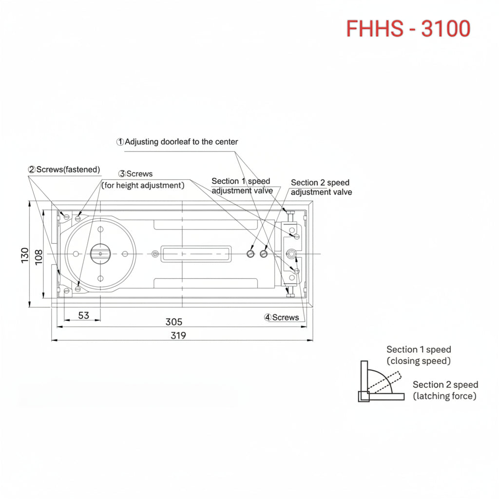 A technical dimension and adjustment diagram for the FHHS-3100 hydraulic floor spring. The schematic details architectural measurements, including a 305mm body length and 108mm width, alongside a 319mm cover plate. It provides clear instructions for mechanical calibration, highlighting screws for height adjustment, door leaf centering, and dual valves for Section 1 (closing speed) and Section 2 (latching force) control. Essential for the precise installation of floor-mounted door closers in commercial glass