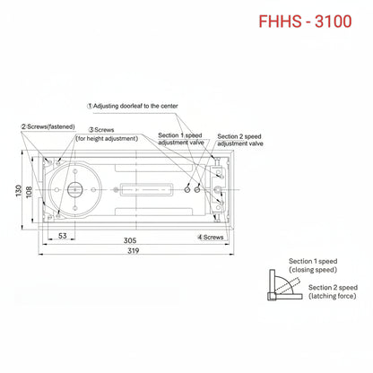 A technical dimension and adjustment diagram for the FHHS-3100 hydraulic floor spring. The schematic details architectural measurements, including a 305mm body length and 108mm width, alongside a 319mm cover plate. It provides clear instructions for mechanical calibration, highlighting screws for height adjustment, door leaf centering, and dual valves for Section 1 (closing speed) and Section 2 (latching force) control. Essential for the precise installation of floor-mounted door closers in commercial glass