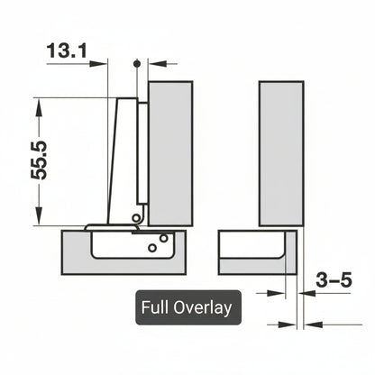 A technical diagram for a full overlay cabinet hinge displaying mounting dimensions, including a 55.5mm arm length and a 13.1mm width. The schematic illustrates the installation of a door sitting completely in front of the cabinet frame with a 3-5mm gap requirement for proper clearance.