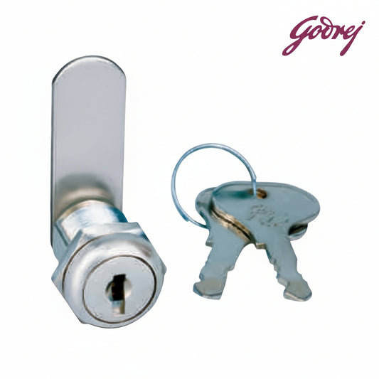 Godrej 20mm camlock in a polished silver finish, featuring a 90-degree rotating flat cam lever and two matching metal keys, designed for securing drawers, metal lockers, and wooden office furniture.