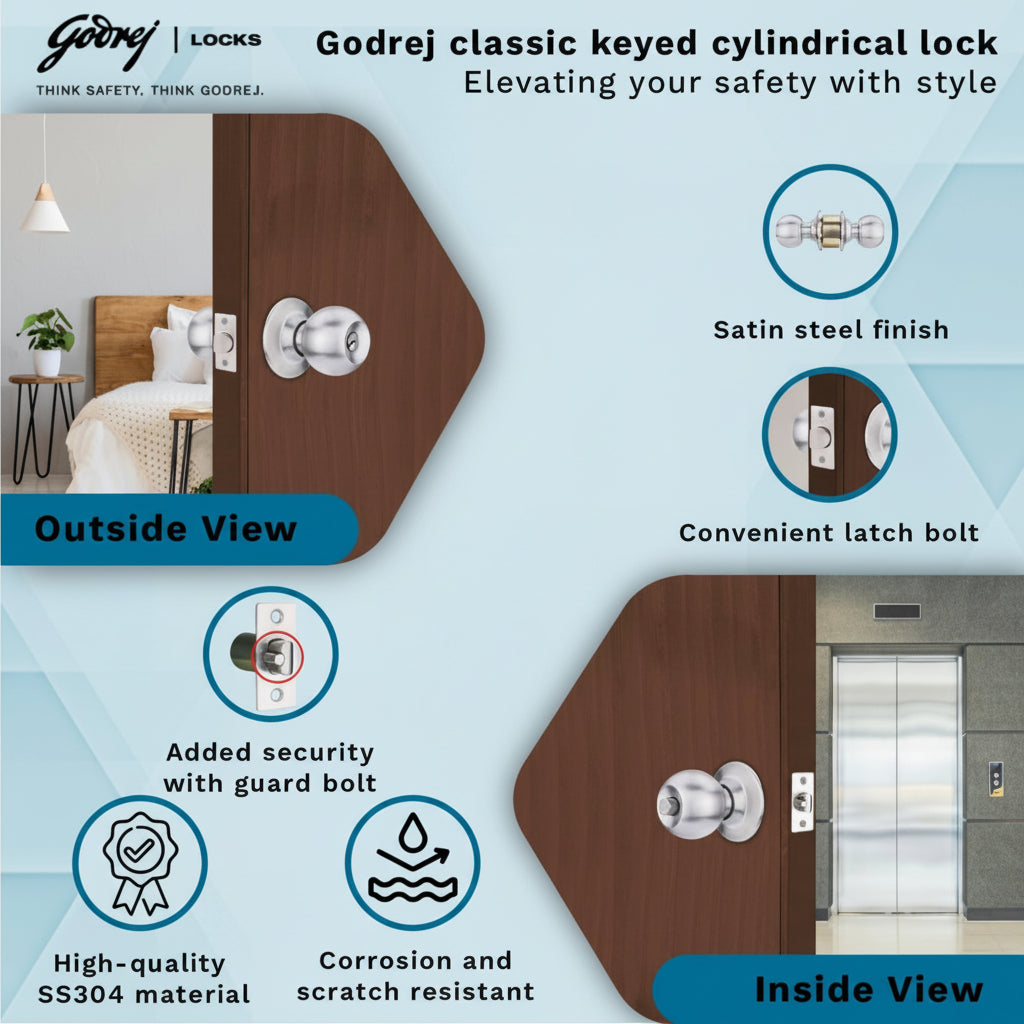 Godrej Classic Keyed Cylindrical Lock infographic showing inside and outside views on a wooden door, highlighting its high-quality SS304 stainless steel material, corrosion-resistant satin finish, and added security guard bolt.
