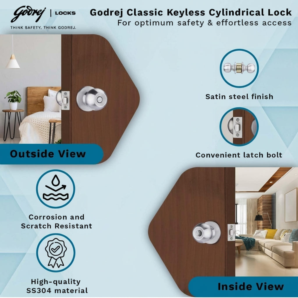 Godrej Classic Keyless Cylindrical Lock infographic showing inside and outside views on a wooden door, highlighting its high-quality SS304 stainless steel material, corrosion-resistant satin finish, and push-button privacy locking mechanism for effortless access.