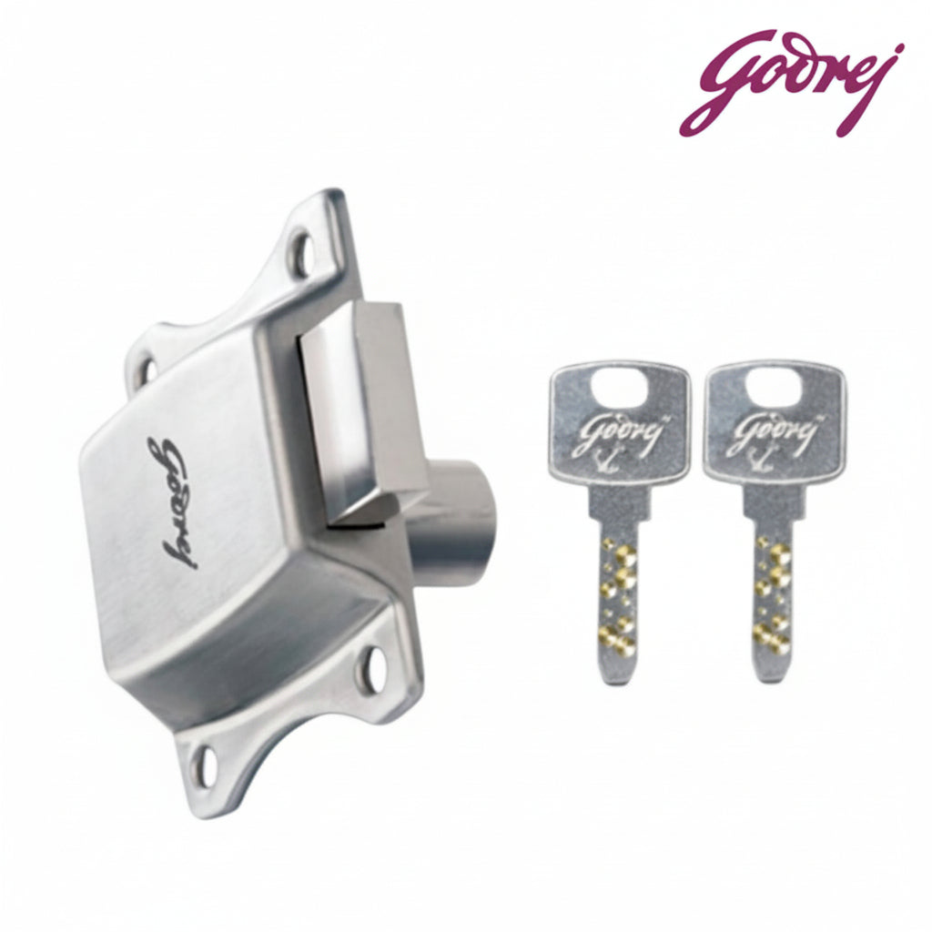 Godrej Curvo Multi-Lock for drawers and cupboards featuring a sleek silver satin finish, high-security dimple key technology with two keys, and a robust bolt mechanism for home and office furniture security.