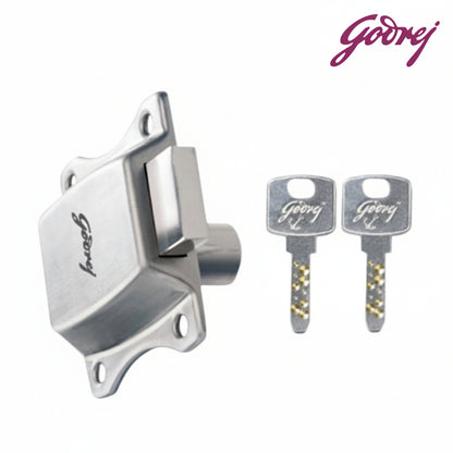Godrej Curvo Multi-Lock for drawers and cupboards featuring a sleek silver satin finish, high-security dimple key technology with two keys, and a robust bolt mechanism for home and office furniture security.