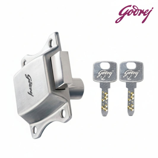 Godrej Curvo Multi-Lock for drawers and cupboards featuring a sleek silver satin finish, high-security dimple key technology with two keys, and a robust bolt mechanism for home and office furniture security.