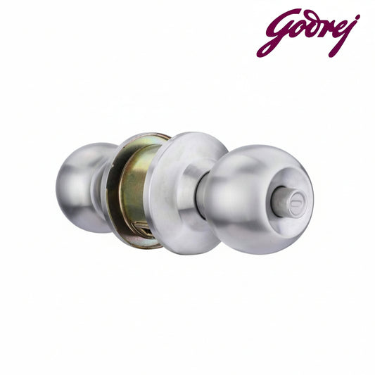 Godrej cylindrical privacy door lock in a brushed satin stainless steel finish, featuring an internal push-button locking mechanism and spherical knobs for bedroom and bathroom door security.