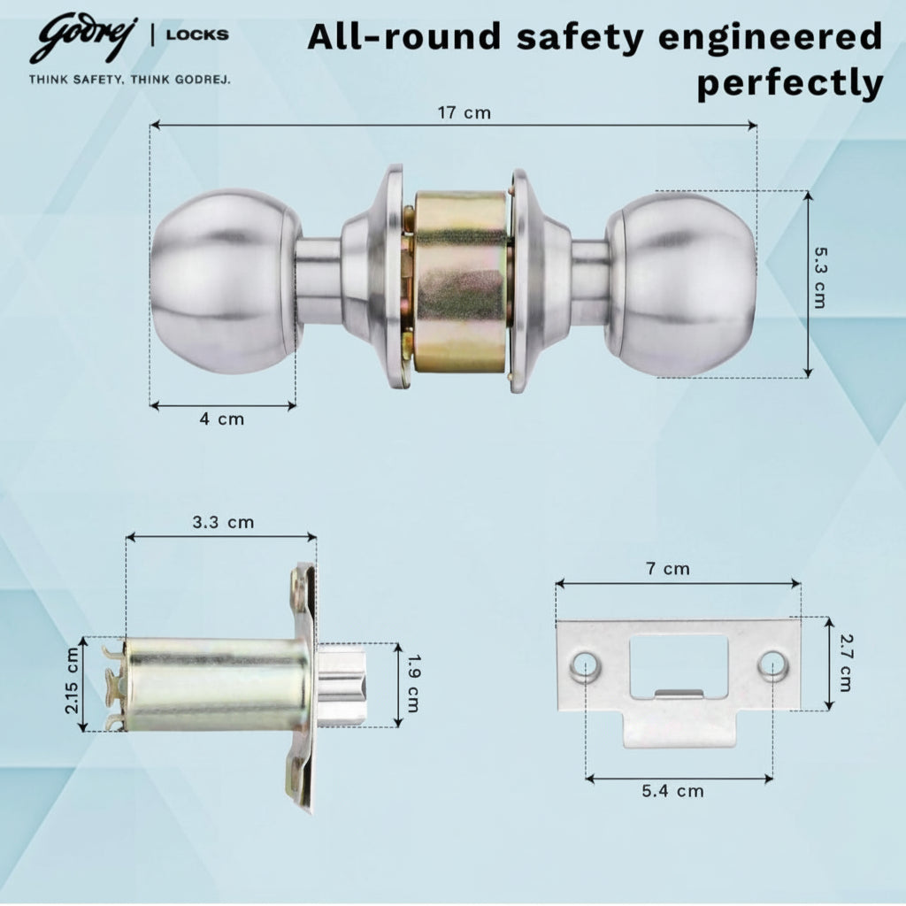 Godrej cylindrical lock technical diagram showing dimensions: 17 cm total lock width, 5.3 cm knob diameter, 3.3 cm latch length, and 7 cm strike plate width for precise door installation.